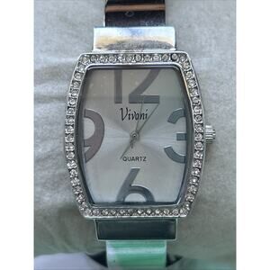 Vivani Silver Tone Rhinestone Bezel Women’s Cuff Watch